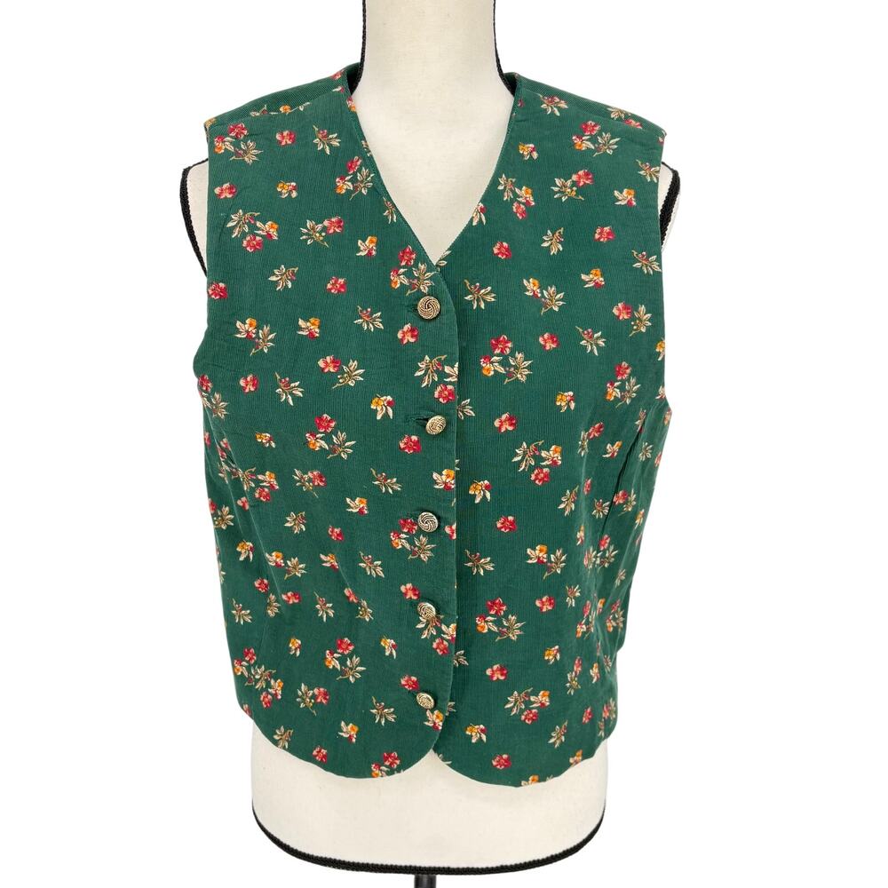 Vintage 90's Karen Scott Vest Button Front Floral Print Green Size Medium Cotton